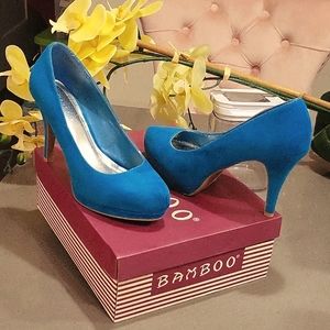 Turquoise suede low platform comfortable heels